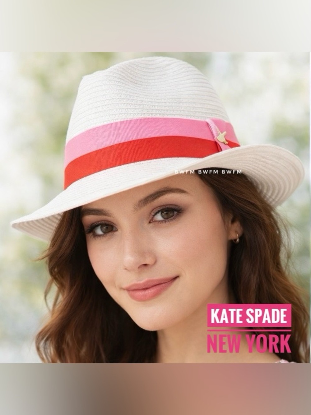 NWT kate spade white Straw Hat Fedora with Pink and Red Ribbon summer hat